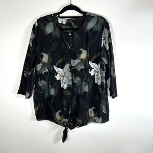 Club‎ Monaco Sz Medium Silk Floral 3/4 Sleeves Tie Waist Blouse Top Designer